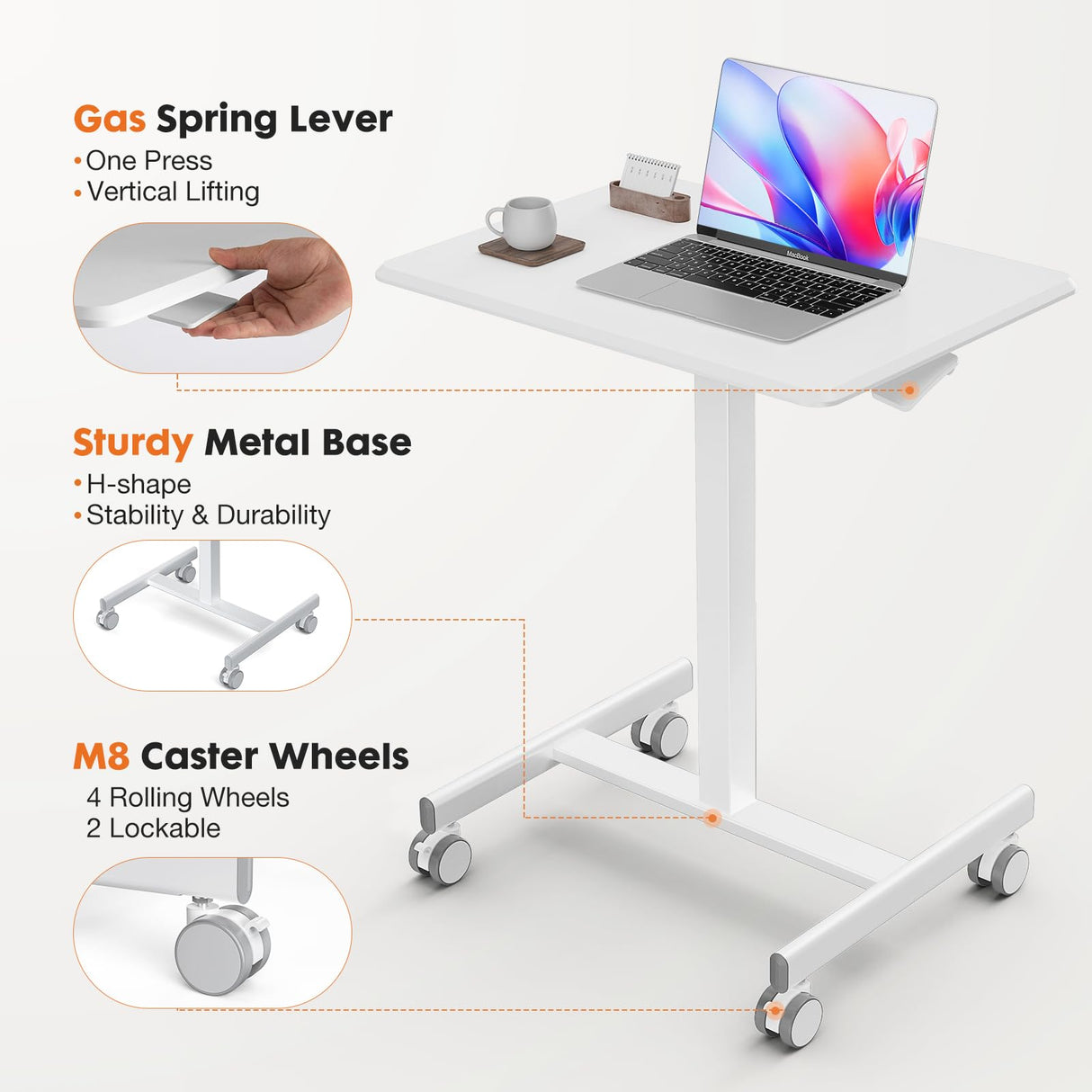 Sweetcrispy Mobile Small Stading Desk - Sit Stand Desk, Portable Rolling Laptop Desk with Lockable Wheels, Computer Workstations, Adjustable Height, White Sweetcrispy