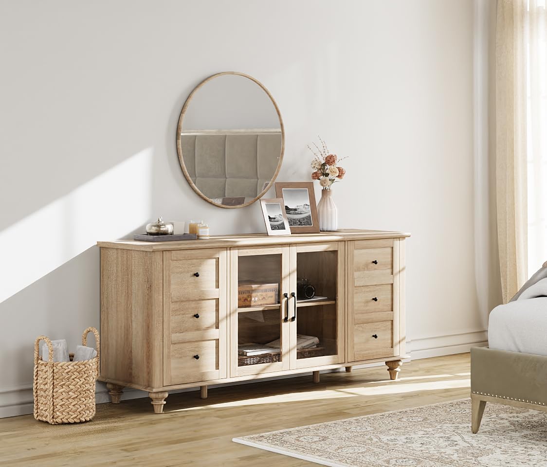 WAMPAT Sideboard Buffet Cabinets with Glass Door, Kitchen Storage Cabinets, Wood Coffee Bar Tables, Accent Sideboard Storage Cabinet Table Dining Room, Living Room,Oak WAMPAT