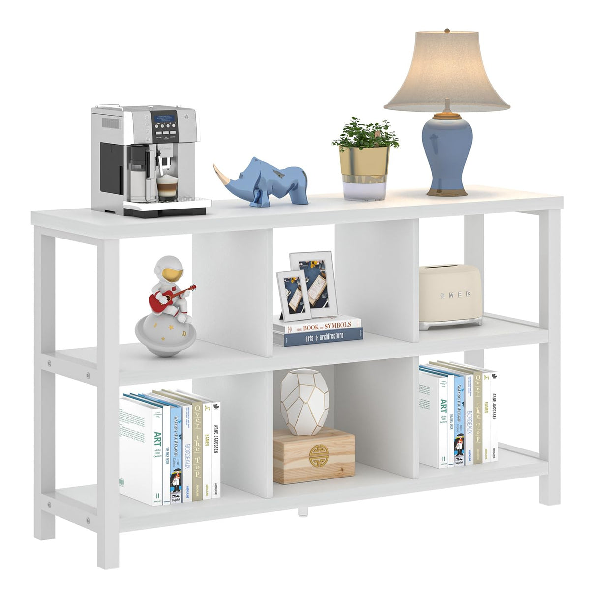 FOLUBAN Horizontal Bookshelf, 6 Cube Storage Organizer with Shelf, Modern Wood and Metal Cubby Bookcase for Bedroom Living Room, White Oak, 47 Inch FOLUBAN