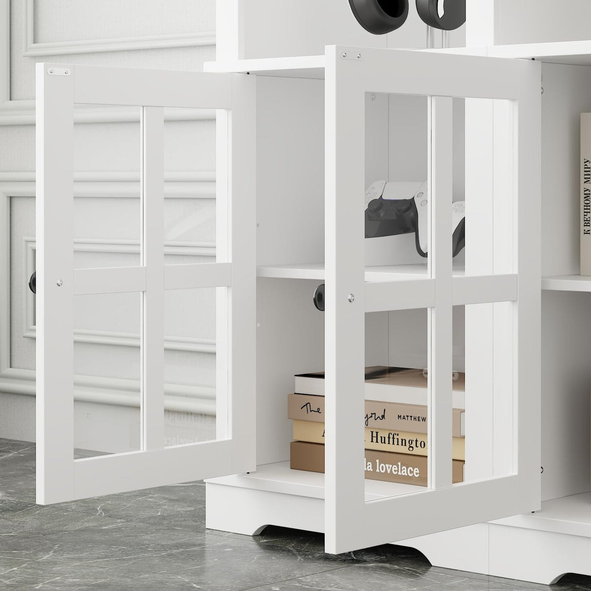 ROMSHINE Wall Unit Entertainment Center, TV Wall Units for Living Room with Storage, 102" W Large Farmhouse TV Stand with Glass Doors, Ajustable Bookshelf & Bridge for Bedroom, White ROMSHINE