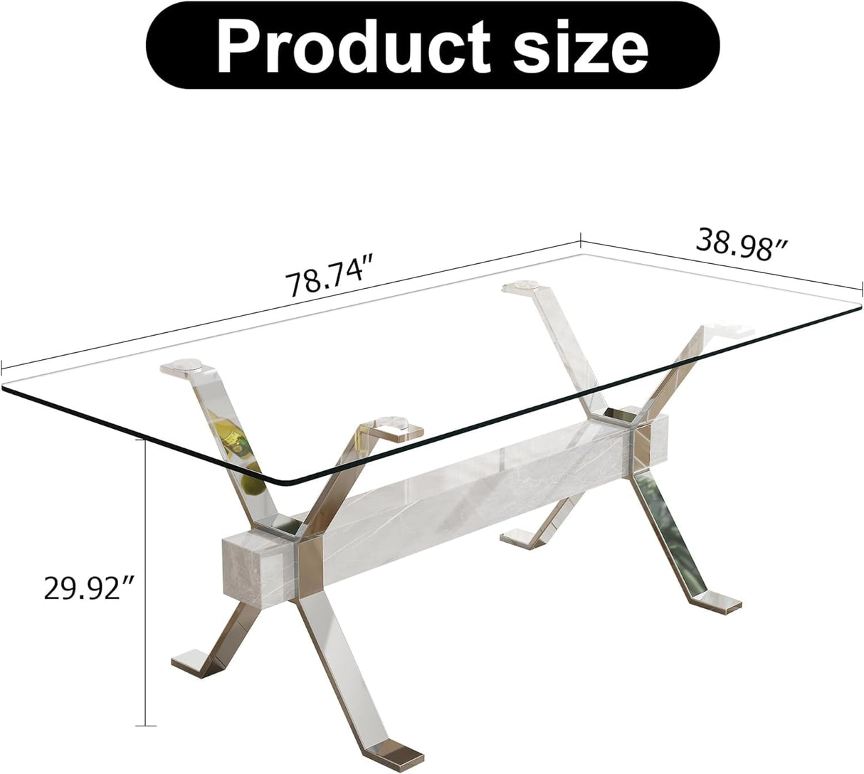 Glass Dining Table for 8-10 Person, 79 inch Modern Dining Room Table with Silver Metal XX-Base, Rectangular Tempered Glass Top Dining Table, Large Dining Table Pedestal Luxury Table for Dining Room Mcltopz