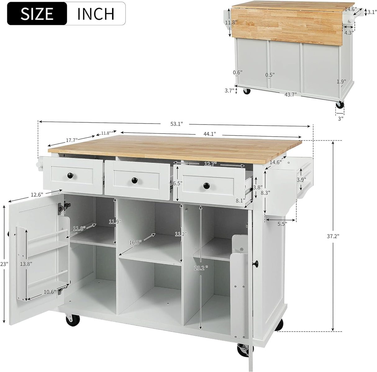 Kitchen Cart with Rubber Wood Drop, Leaf Countertop, Kitchen Island on 5 Wheels with Storage Cabinet and 3 Drawers for Dinning Room (White-53.1IN) WoodArtSupply