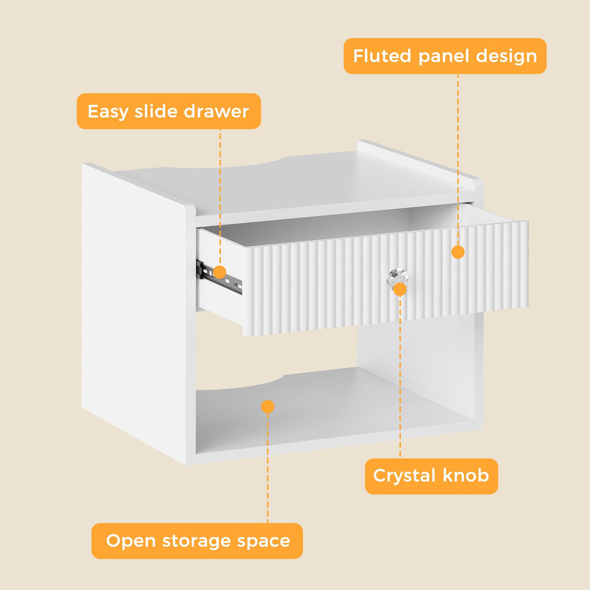 BEWISHOME White Floating Nightstand,Modern Fluted Floating Bedside Table, 15.7" Wall Mounted Nightstand with Drawer & Open Shelf,Small End Table Bedside Shelf for Bedroom, White KTZ06W BEWISHOME