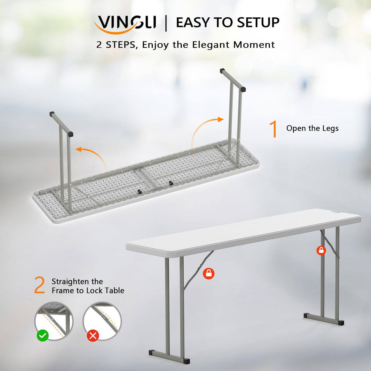 VINGLI 6 FT Narrow Folding Table,Premium Quality HDPE Material and Sturdy Metal Frame, Perfect for Buffet, Seminar, Party, Training, Home Work VINGLI