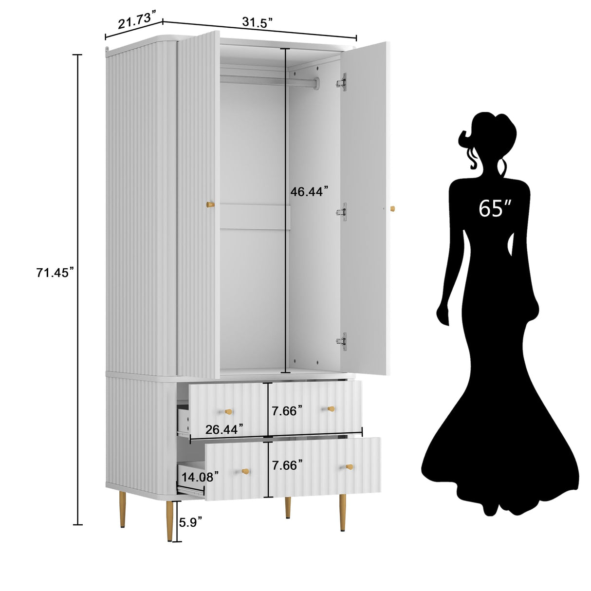 HLR Armoire Wardrobe Closet with Drawers, 72" Tall Modern Bedroom Armoire with Hanging Rod, Large freestanding Wooden Wardrobe Cabinet for Bedroom, Cloak Room (White) HLR