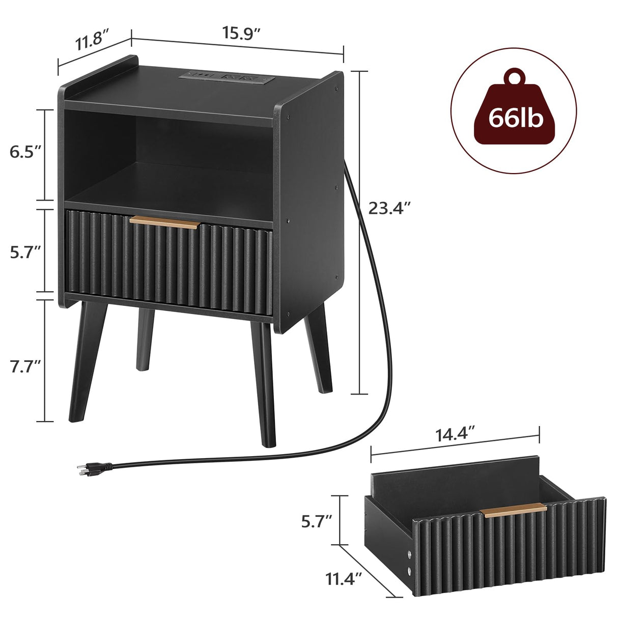 MAHANCRIS End Table Living Room Fluted Night Stand, 15.9" Modern Side Table with Charging Station,Bedside Table with Drawer for Small Spaces, Bedroom, Black ETBK61E01 MAHANCRIS