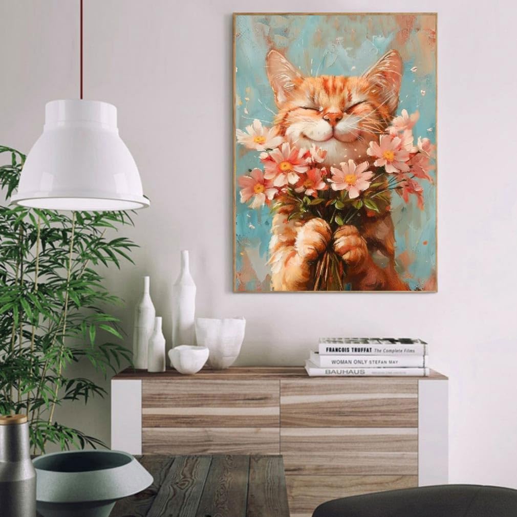 Cat Paint by Numbers Kit for Adults with Framed Canvas&Wooden Easel, DIY Acrylic Paint by Numbers Kits on Canvas, Cat with Flower Drawing Paintwork Arts and Crafts for Home Wall Decor 12x16inch Clendo