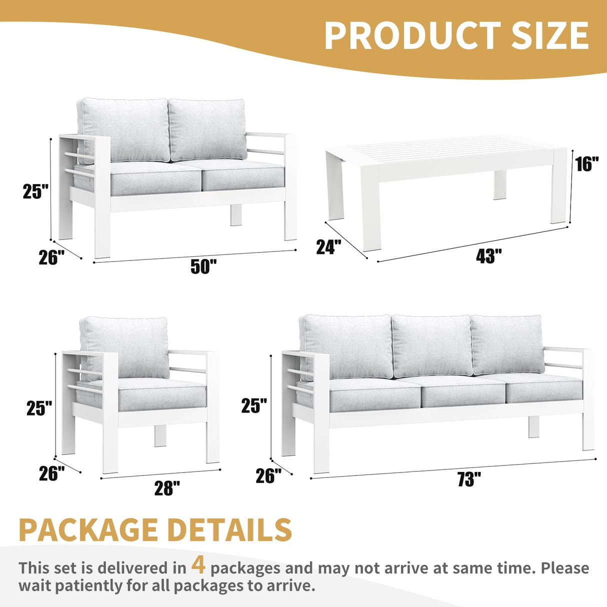LayinSun Outdoor Aluminum Furniture Set, 5 Pieces Patio Sectional Conversation Chat Sofa Modern Seating Set with Coffee Table LayinSun