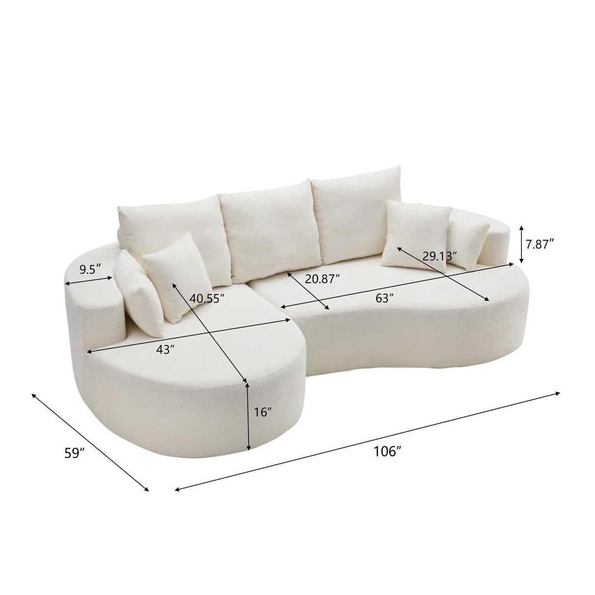 Merax 106" Fabric Cloud Curved Sofa 2 Piece Sectional Sofa with Chaise and 7 Pillows for Living Room Apartment Bedroom, Full-Compressed No Assembly Required (Snow White) Merax