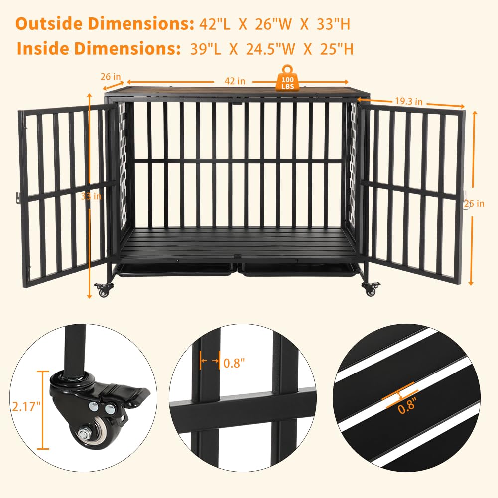 HIDOG 42'' Dog Crate Furniture, Wooden Dog Kennel with Lockable Wheels, Dog Crate End Table with Trays, Decorative Dog Kennel Indoor, Heavy Duty Dog Cage for Medium Large Dogs, Rustic Brown HIDOG