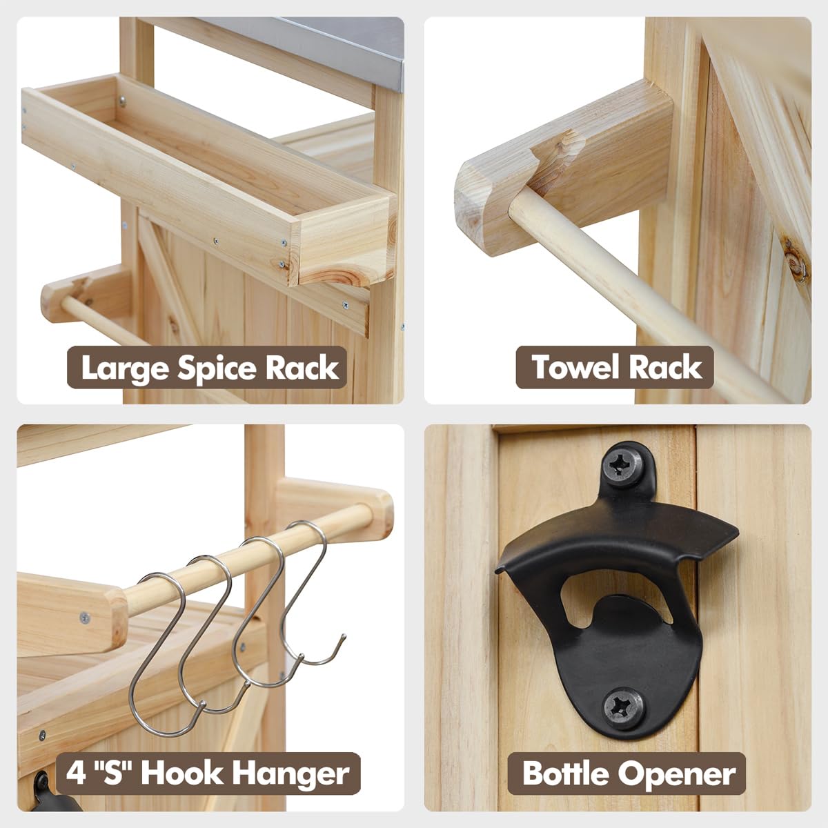 Bennbari Outdoor Kitchen Island, Rolling Kitchen Island with Storage, Farmhouse Solid Wood Kitchen Cart on Wheels, Outdoor Grill Table with Stainless Steel Top, 50 Inch Width (Natural) Bennbari