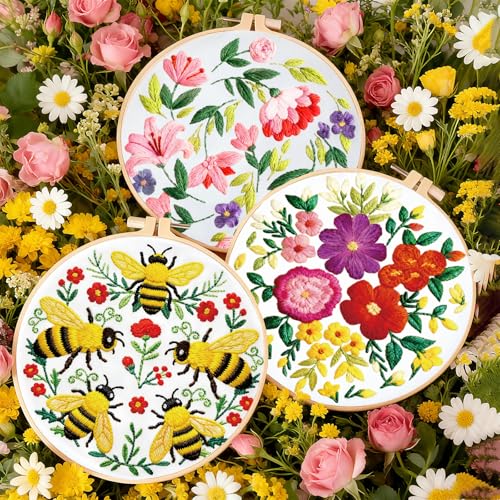 INFUNLY 4 Pack Pink Flowers Embroidery Starter Kit for Beginners Colorful Butterfly DIY Embroidery Kits for Adults Stamped Needlepoint Set with Step-by-Step Instructions Threads Craft Lover Gift