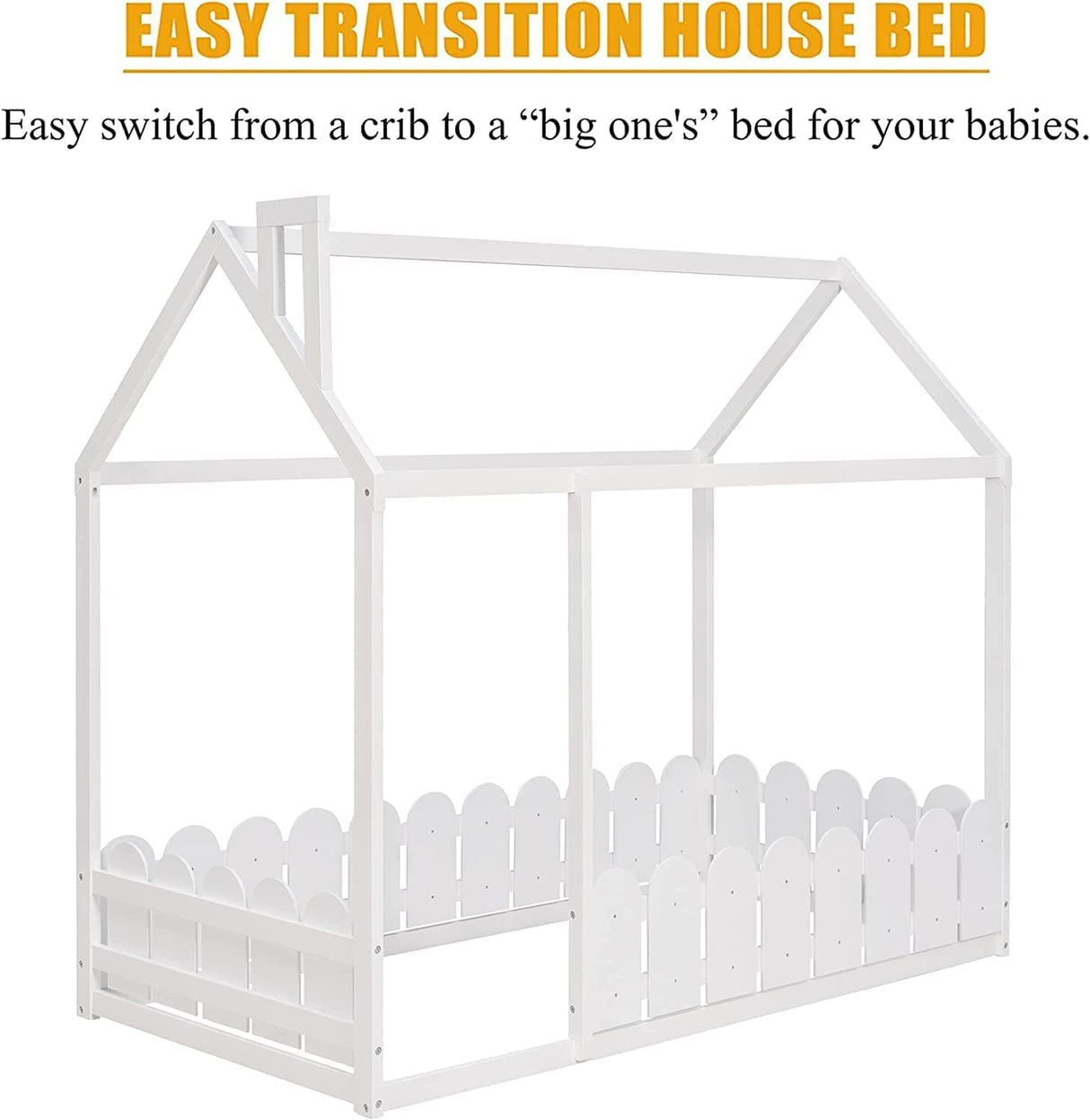 Twin Floor Bed with Fence Rails by Harper & Bright Designs - White Montessori House Bed for Kids Harper & Bright Designs