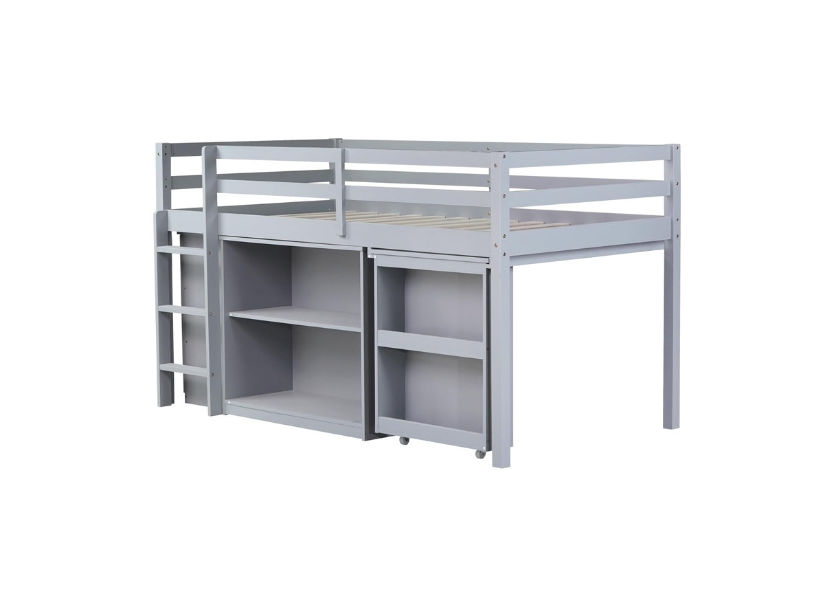 PVWIIK Twin Size Low Loft Bed with Desk & Storage Drawer for Kids,Wood Twin Loft Bed with Shelf,Space Saving,No Box Spring Needed,Grey PVWIIK