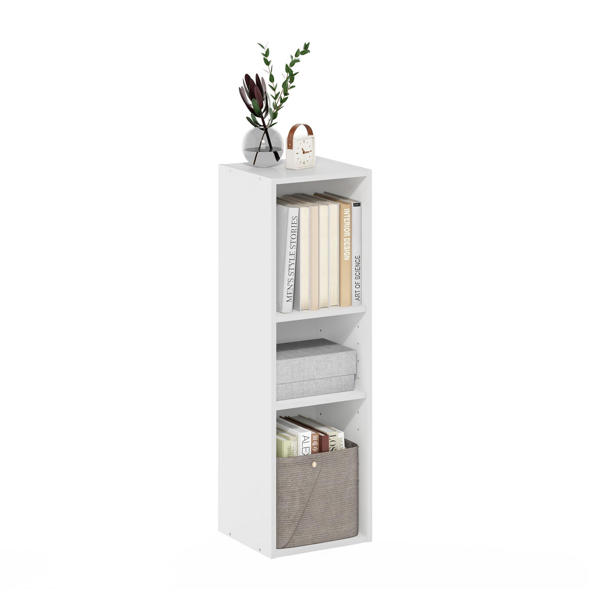 Furinno Fulda Book Shelf, 3-Tier Modern Narrow Bookshelf, 10-in Width Bookcase, 9.3" x 9.8" x 31.5", for Living Room, Bedroom, Home Office, White Furinno