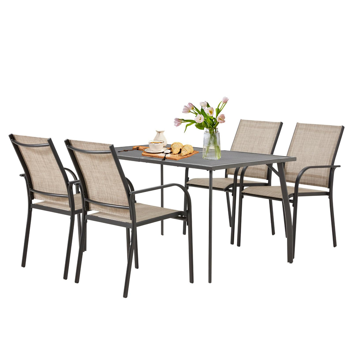 AECOJOY 5 Piece Patio Table and Chair Set for 4, Outdoor Dining Set Includes 51.2" Rectangle Table with 1.73" Umbrella Hole, 4 Stackable Textilene Chairs, for Garden, Backyard and Poolside, Dark Gray AECOJOY