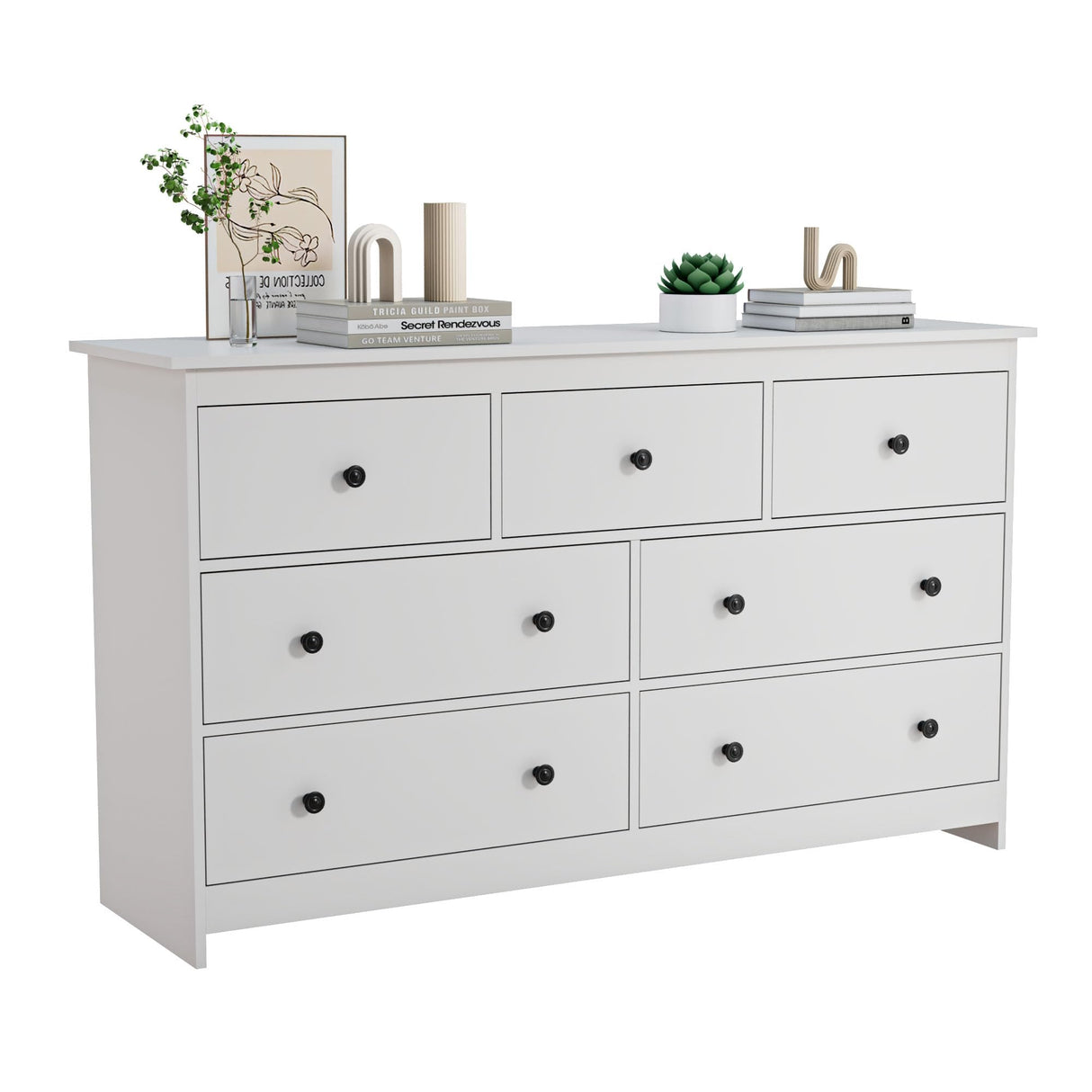 JOZZBY 55" White Dresser for Bedroom, 7 Drawer Wooden Double Dresser with Metal Handles, Modern Storage Chest of Deep Dresser for Nursery, Hoom Office, Hallway JOZZBY