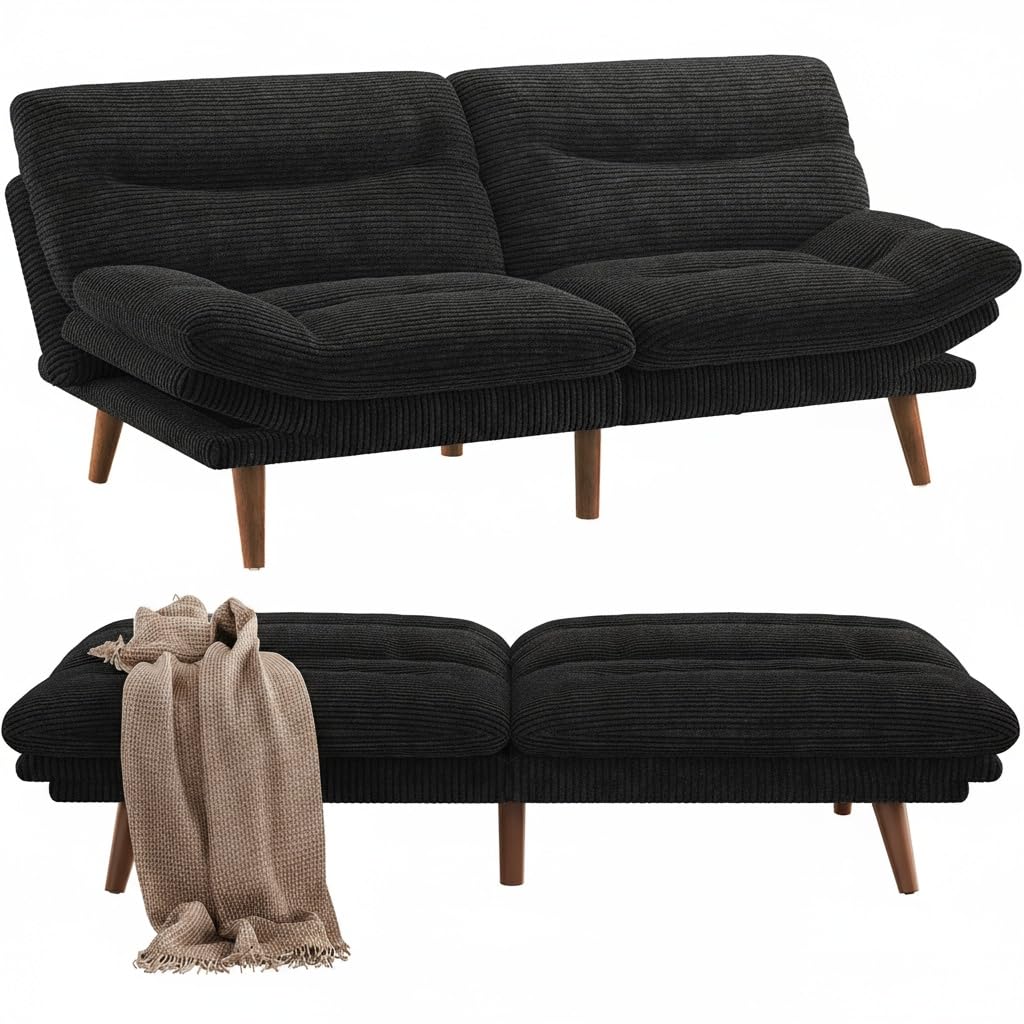 PERLECARE Convertible Futon Sofa Bed, 66" Corduroy Futon Couch with Adjustable Backrest and Armrests, 3-in-1Recliner Sleeper Sofa for Small Spaces, Play Room,Living Room or Office(Black,66 in) PERLECARE