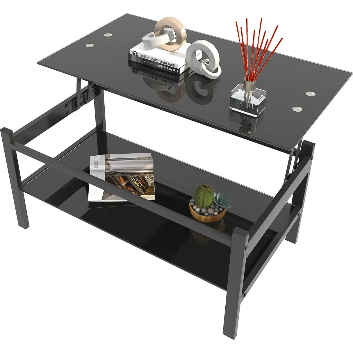 ODUSE-DAILY Black Lift Top Coffee Table, Black Glass Coffee Tables for Living Room, Small Rectangle Glass Top Coffee Table Lift Top, Black Coffee Tables for Living Room (1Pcs Coffee Table) ODUSE-DAILY