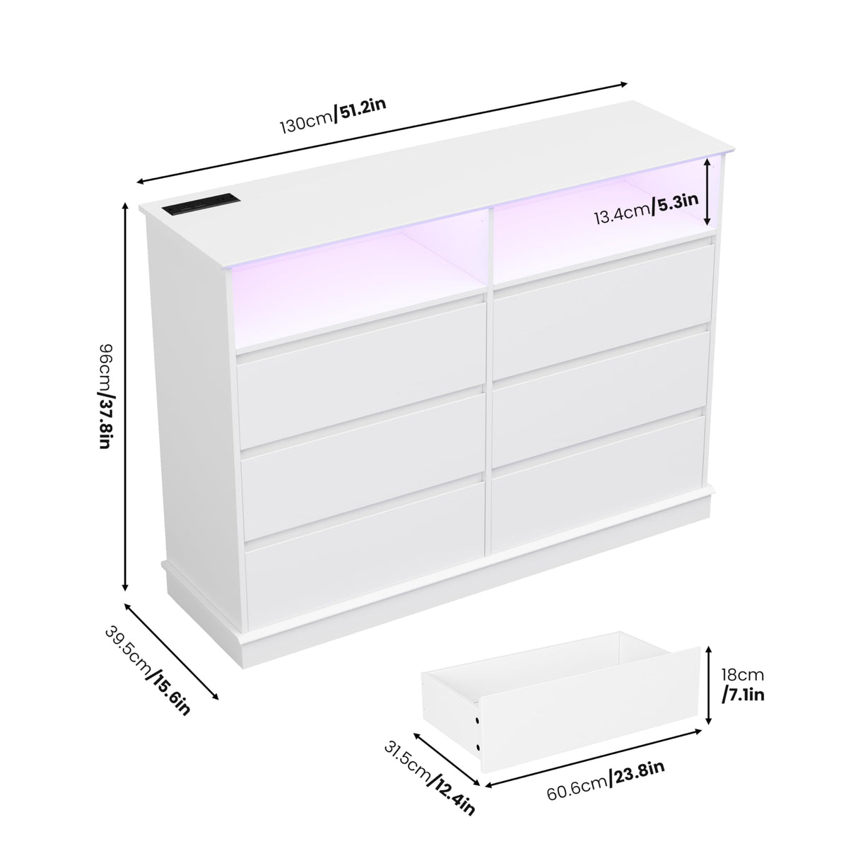 IDEALHOUSE 6 Drawer Dresser for Bedroom with LED Lights & Charging Station, Modern White Dresser with LED for Bedroom, Wide Chest of 6 Drawers with Open Storage Shelf for Living Room, Hallway, Closet IDEALHOUSE