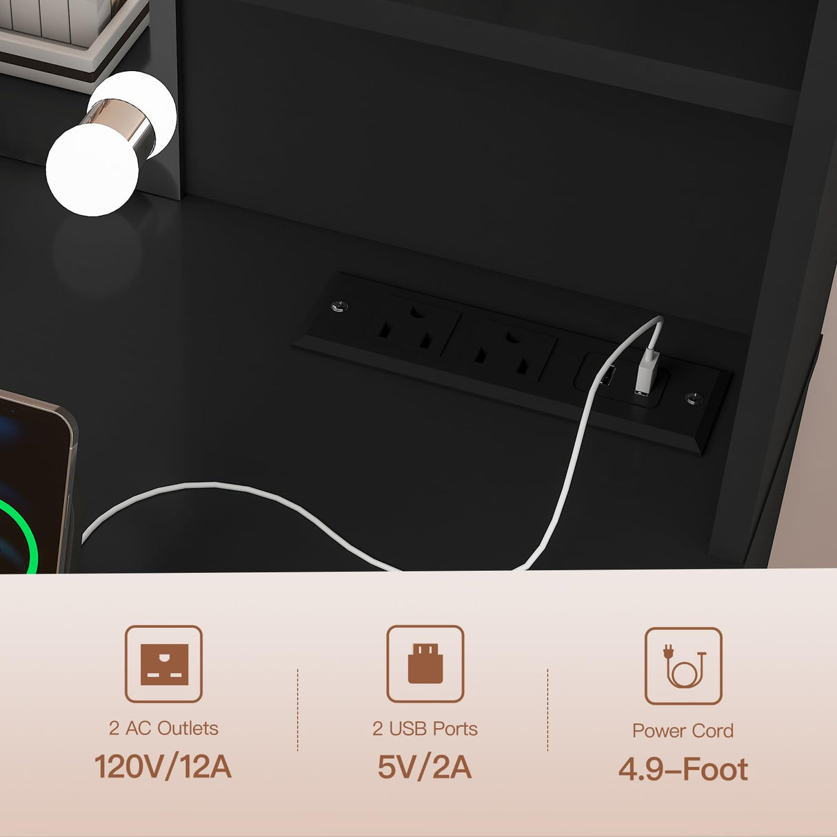 FIONESO Vanity Desk, Makeup Vanity Desk with Mirror & Lights, Vanity Desk with 2 Drawers & 6 Storage Shelves, Dressing Table with Power Outlet, for Women Girls, Bedroom, Black FIONESO