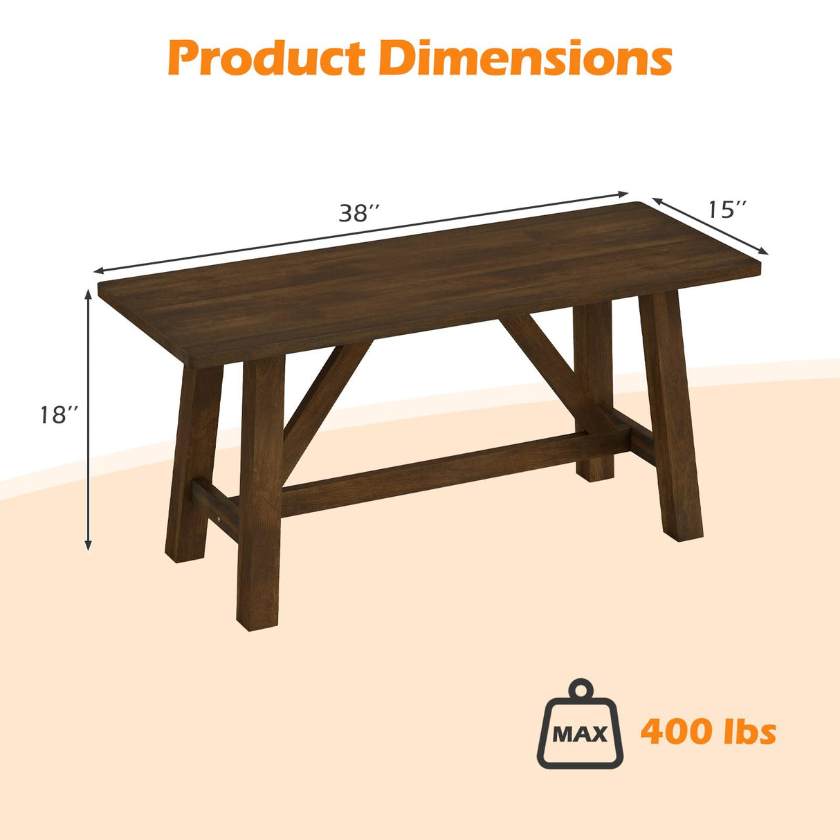 Giantex 38" Wooden Dining Bench, Farmhouse Entryway Bench with Rubber Wood Frame, 400 LBS Capacity, Shoe Rack Benchs, Narrow End of Bed Seat for Kitchen, Living Room, Bedroom, Hallway, Brown (1) Giantex