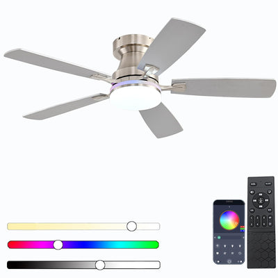 Ayaoty Ceiling Fans with Lights, 48 inch Low Profile Ceiling Fan with Light and Remote Control, Flush Mount RGB Dimmable Light, Noiseless, Nickel Ceiling Fan for Bedroom Indoor/Outdoor Use