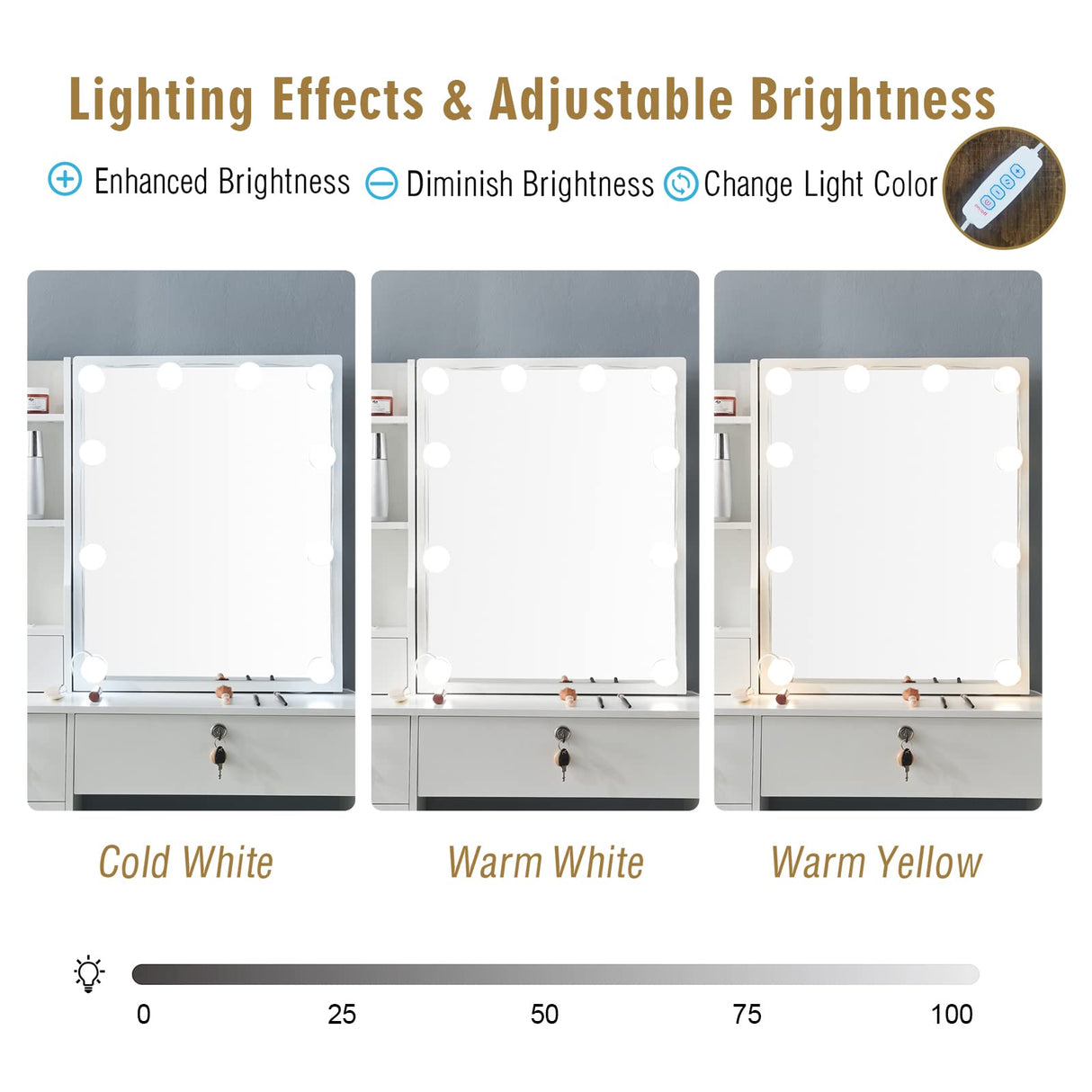 Kkonetoy Makeup Vanity with Lights, Vanity Desk with Sliding Mirror and 10 LED Lighted Bulbs, White Modern Dressing Table with 5 Drawers for Bedroom Kkonetoy