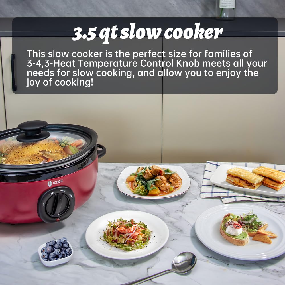 ICOOK USC-35-OP001RD 3.5 Quart Slow Cooker,Aluminium Sear/Sauté Stew Pot Stovetop safe,Dishwasher Safe,Glass Lid,Adjustable Temp,Food Warmer,Red ICOOK