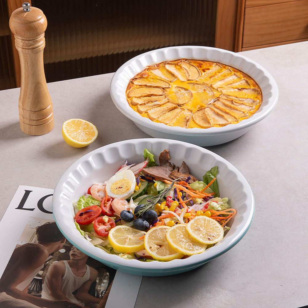 Sweejar Ceramic 10.4 Inches Pie Pan for Baking, Deep and Fluted Porcelain Round Pie Dish, Non-Stick Pie Plate for Pumpkin Pie, Apple Pie, Pie Pots with Morden Farmhouse Design (Green) Sweejar