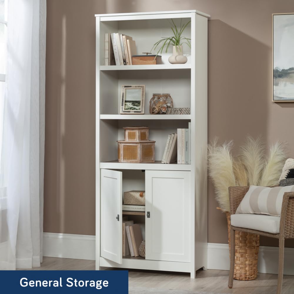 Sauder Cottage Road Book Shelf, Bookshelf with Storage, Library Bookcase with Doors and Adjustable Shelves, in Soft White Finish Sauder