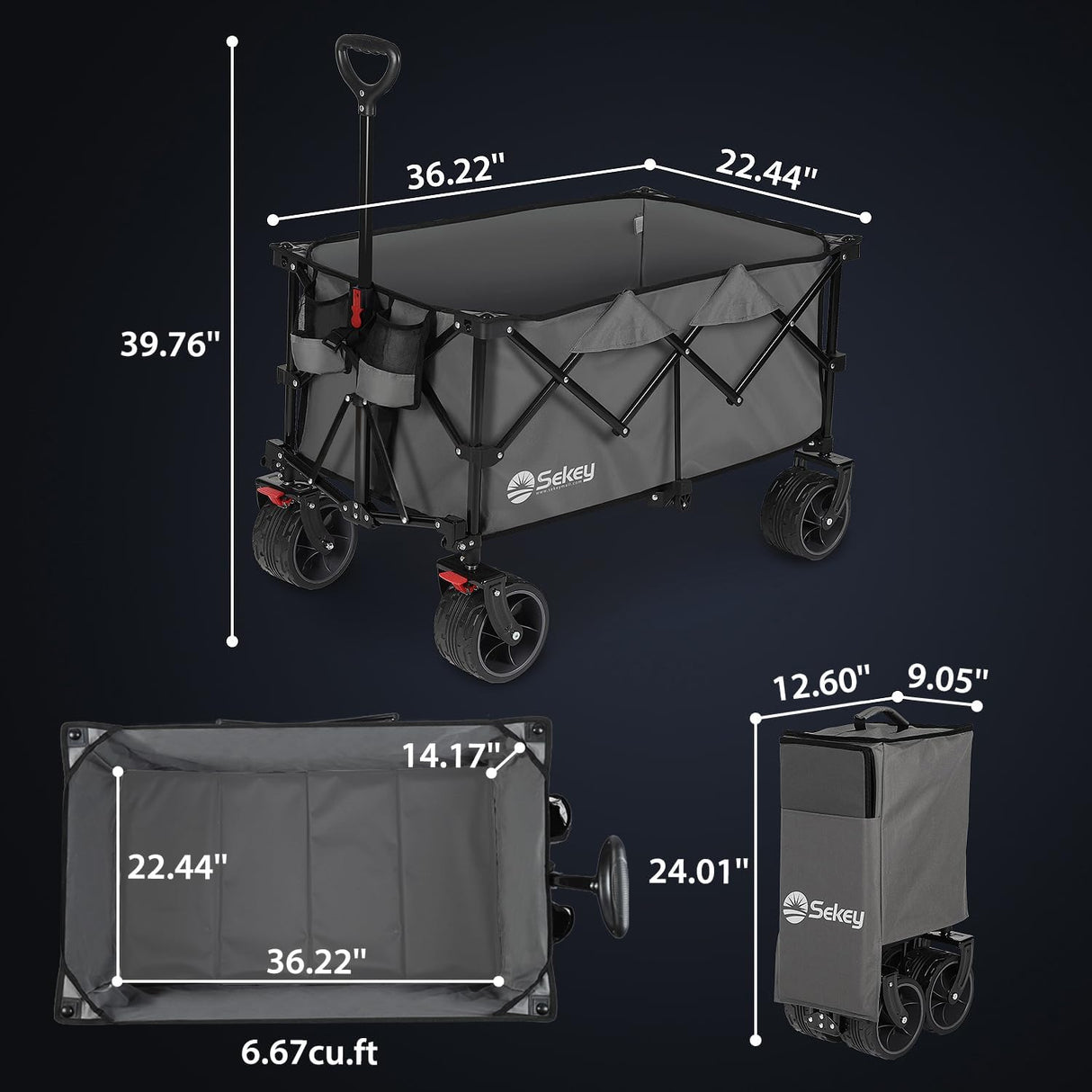 Sekey 220L Collapsible Foldable Wagon with 330lbs Weight Capacity, Heavy Duty Folding Utility Garden Cart with Big All-Terrain Beach Wheels & Drink Holders. Grey Sekey