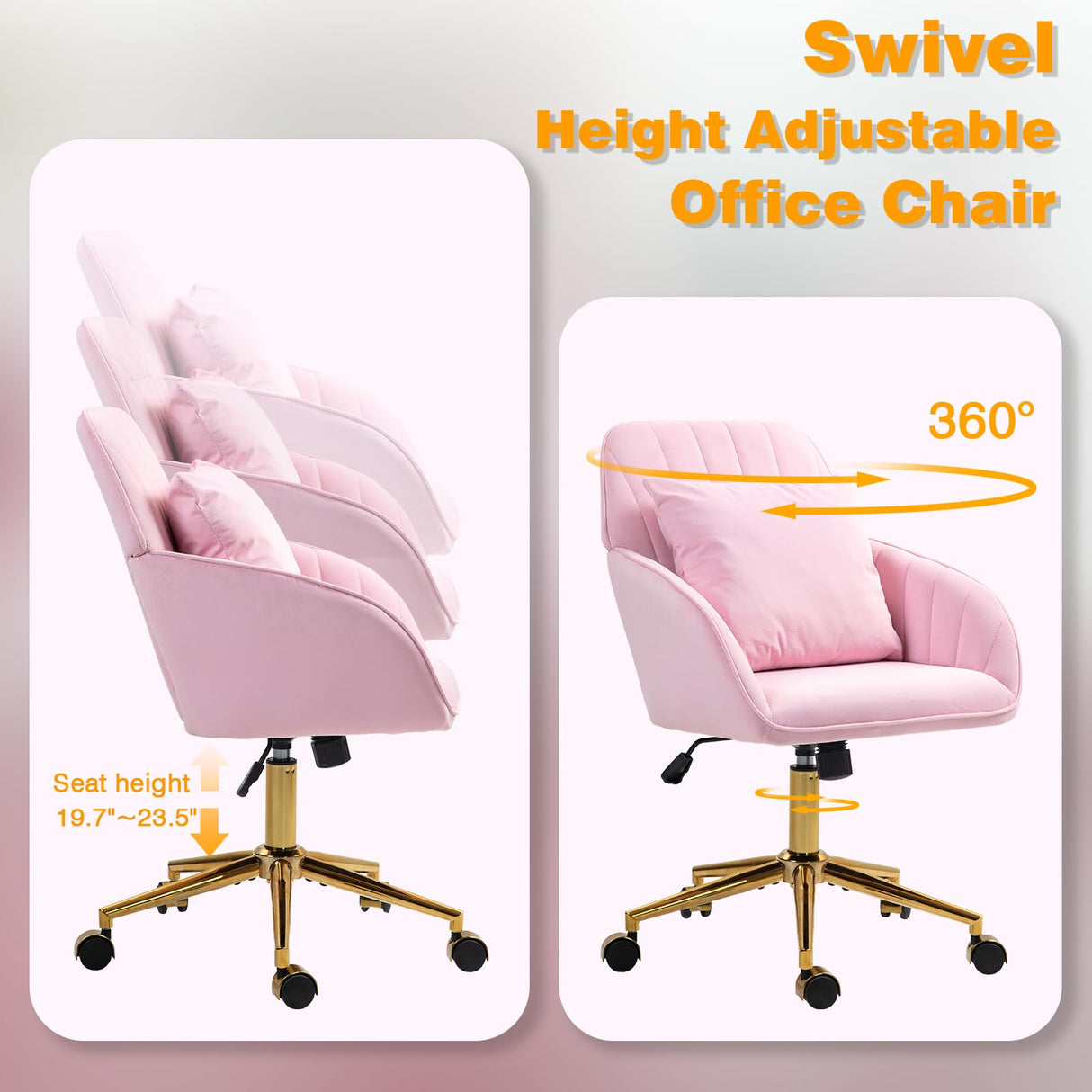 Modern Office Desk Chair with Back & Wheels for Makeup Room, Vanity Chair with Gold Legs & Pillow in Velvet, Home Computer Chairs for Indoor, 360°Swivel Office Chairs Adjustable Height (Pink) NTailed FOX