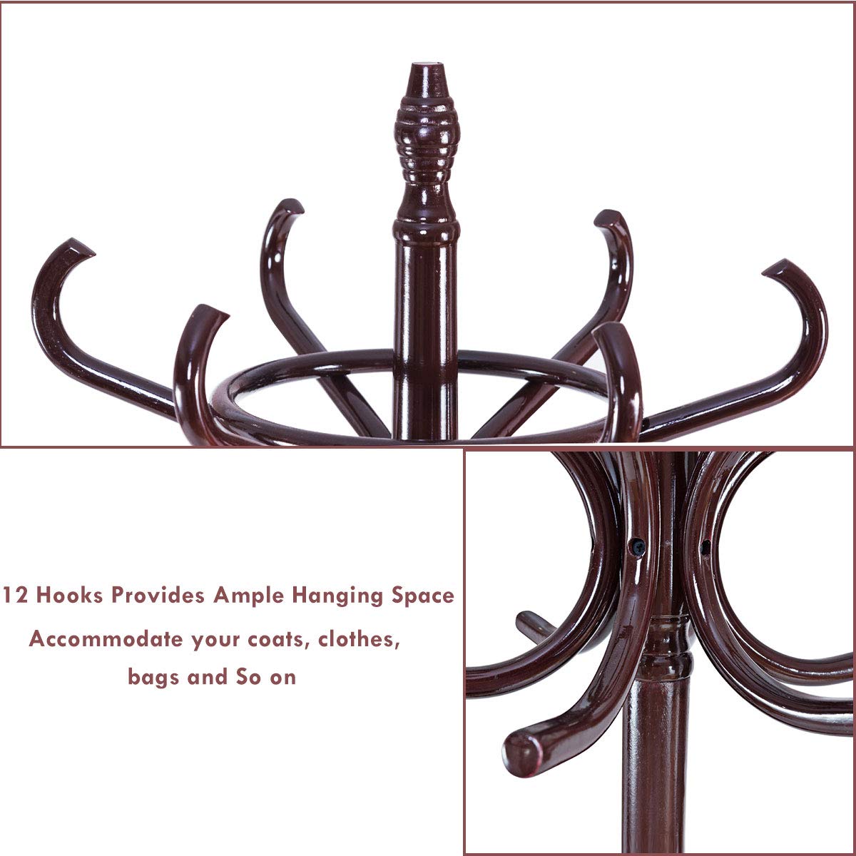 Tangkula 75.5" Standing Coat Rack, Wood Coat Tree with 12 Hooks, Home Hat Jacket Hanger Tree 12 with Umbrella Holder Coat Stand (Brown) Tangkula