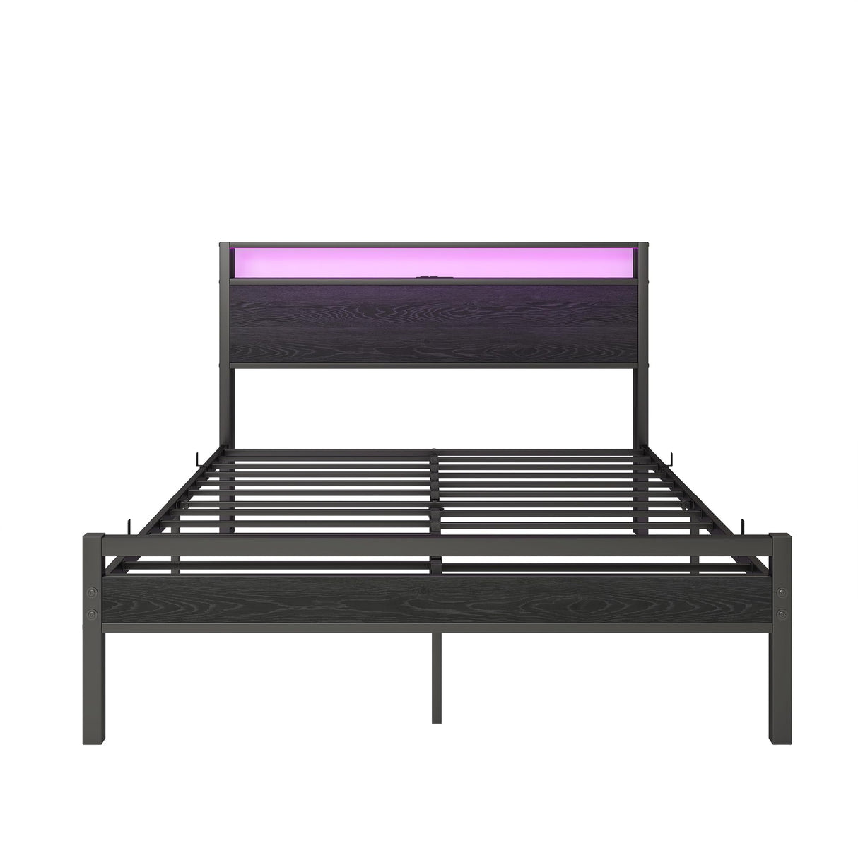 HOJINLINERO Full Size Bed Frame with Storage Headboard/LED Lights,Metal Bed Frame Full Size with Charging Station,Platform Bed Frame Full Size No Box Spring Needed,Heavy Duty Metal Slats Support,Black HOJINLINERO