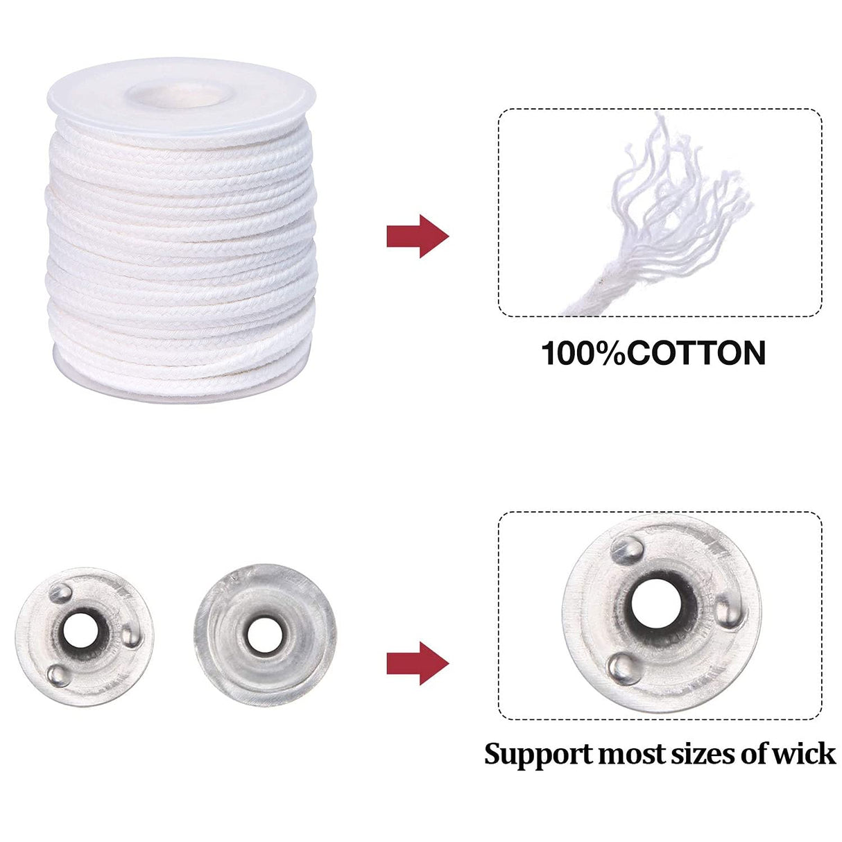 pice QPZ 200 ft Braided Candle Wicks 100% Cotton 21 PLY for Candle Pillars in 1 3/4 inch Dia, for Paraffin Wax Soy Beeswax Candle Making, Sold Separately 200 PCS Candle Wick Sustainer Tabs Metal 14mm pice