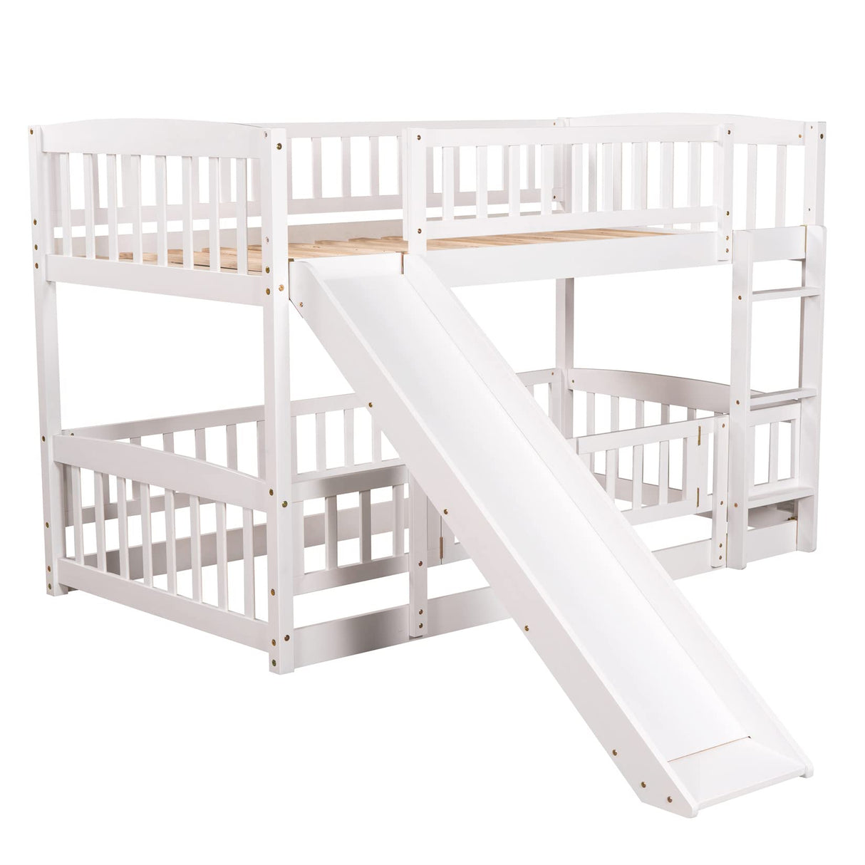 Low Bunk Bed with Slide Twin Over Twin Bunk Beds for Kids Toddlers, Wood Floor Beds Frame with Rails for Boys Girls Teens, White Bellemave