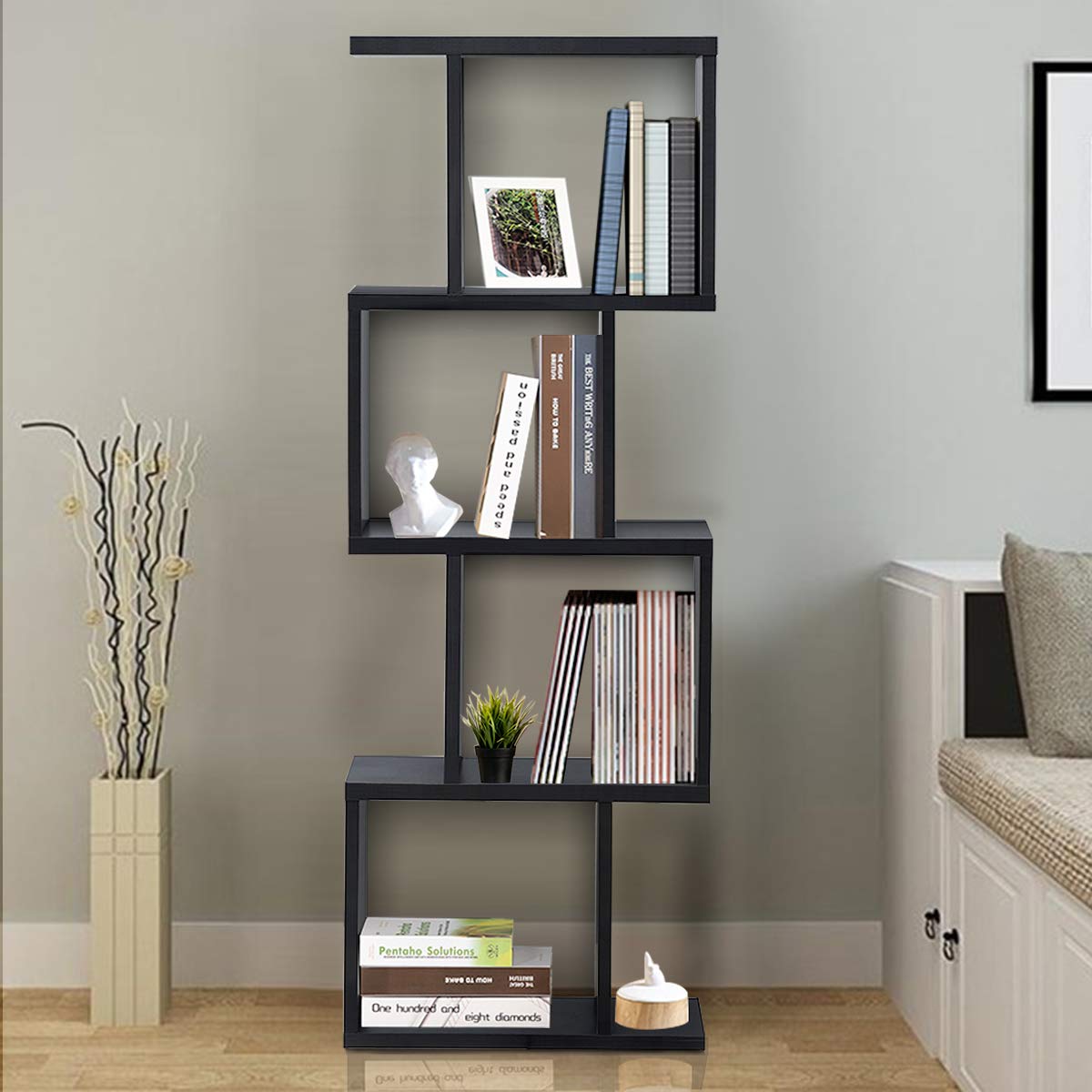 Giantex Modern S-Shaped 4-Tier Bookshelf - Stylish Free-Standing Storage Rack in Black Giantex