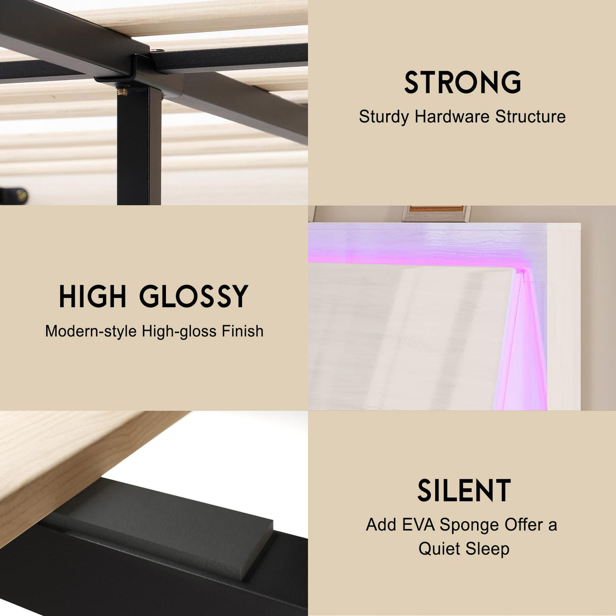 LUXOAK Modern High Gloss King Bed Frame with LED Floating Headboard and Easy Assembly LUXOAK