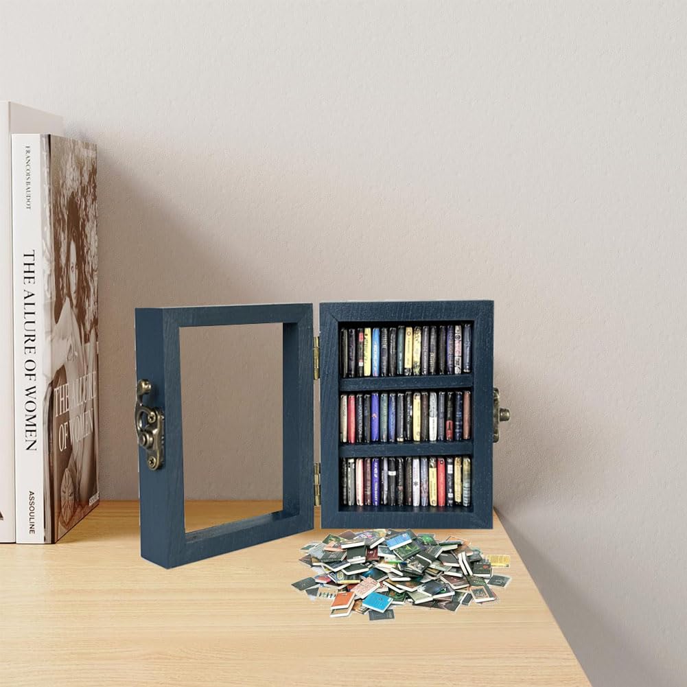 Anxiety Bookshelf Mini Bookshelfs, Anxiety Mini Bookshelf for mini books Ornament, Shake Away Your Anxiety Miniature Book Library with 60pcs Books for Book Lovers Home Room Office Decor (Blue) Rxsdeni