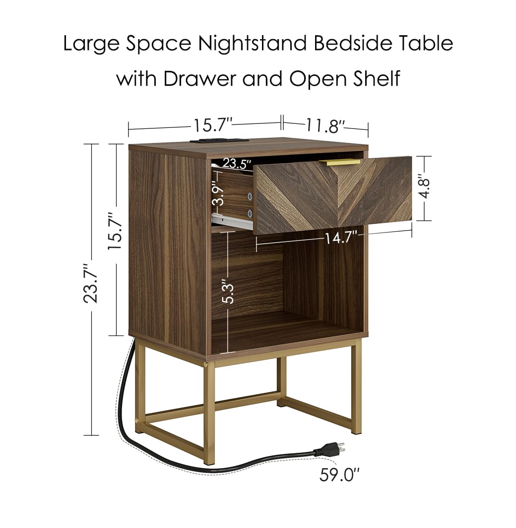 Masupu Nightstand with Charging Station,Modern Night Stand Boho Farmhouse Wood Bedside Table with Storage Drawer Side End Table for Bedroom,Living Room,Office,Walnut Brown with Outlet Masupu