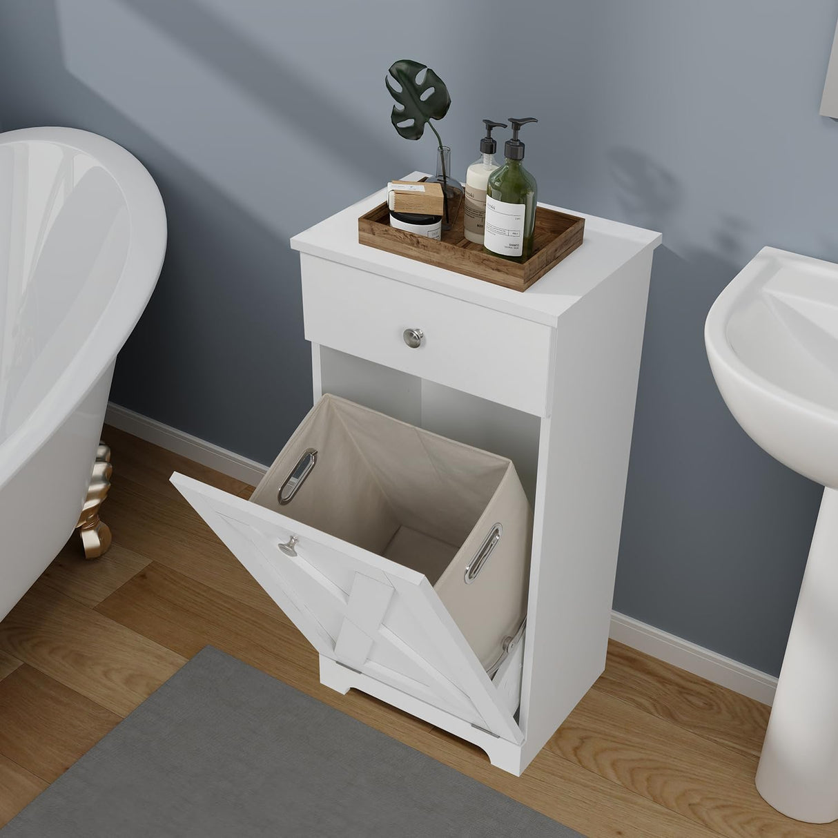 SOLIDEE Free Standing Kitchen Bathroom Tilt Out Laundry Hamper Storage Cabinet with Drawer, White SOLIDEE