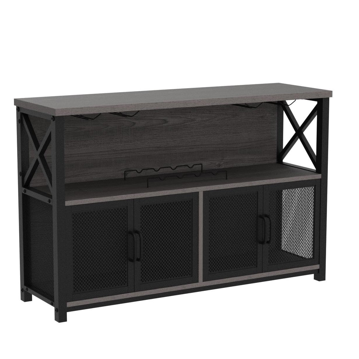 LVB Industrial Dark Gray Oak Wine Bar Cabinet with Storage Rack and Glass Holders LVB