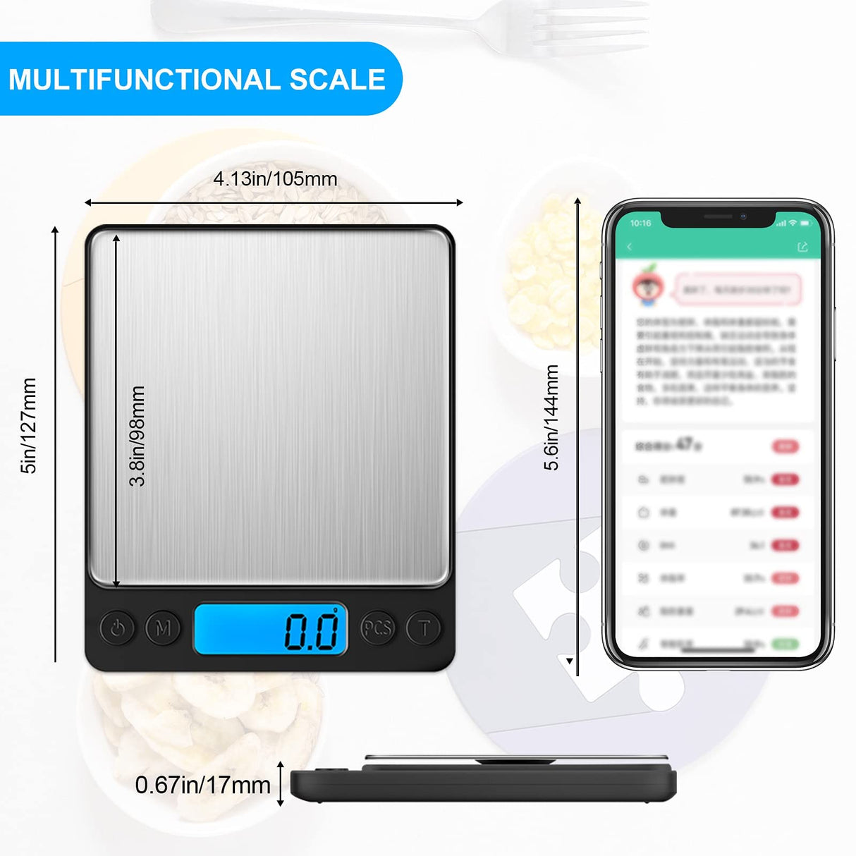Digital Food Kitchen Scale Upgraded, YONCON 3000g/0.1g High Accuracy Mini Pocket Scale Measures in Grams and oz for Cooking, Baking, Jewelry, Tare Function,2 Trays, LCD Display (Batteries Included) Yoncon