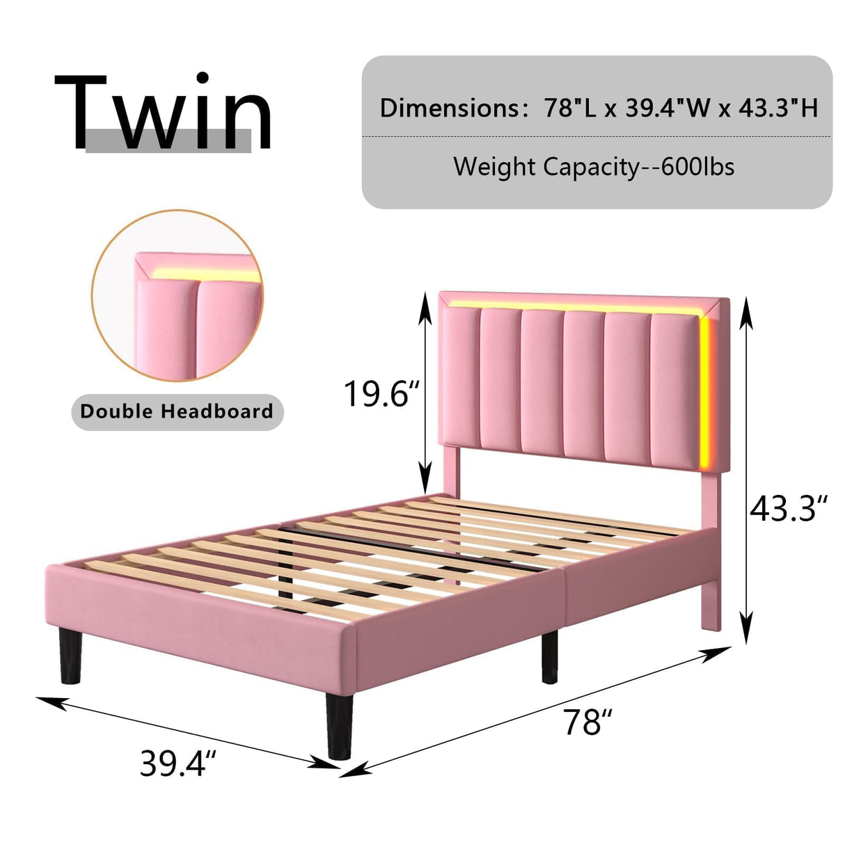 IMMERSTABLE Pink Twin Size Bed Frame with LED Headboard, Pink Upholstered Bed Frame with Double Leather Headboard, Heavy Duty Wood Slats Support, Noise-Free, No Box Spring Needed, Easy Assembly, Pink IMMERSTABLE