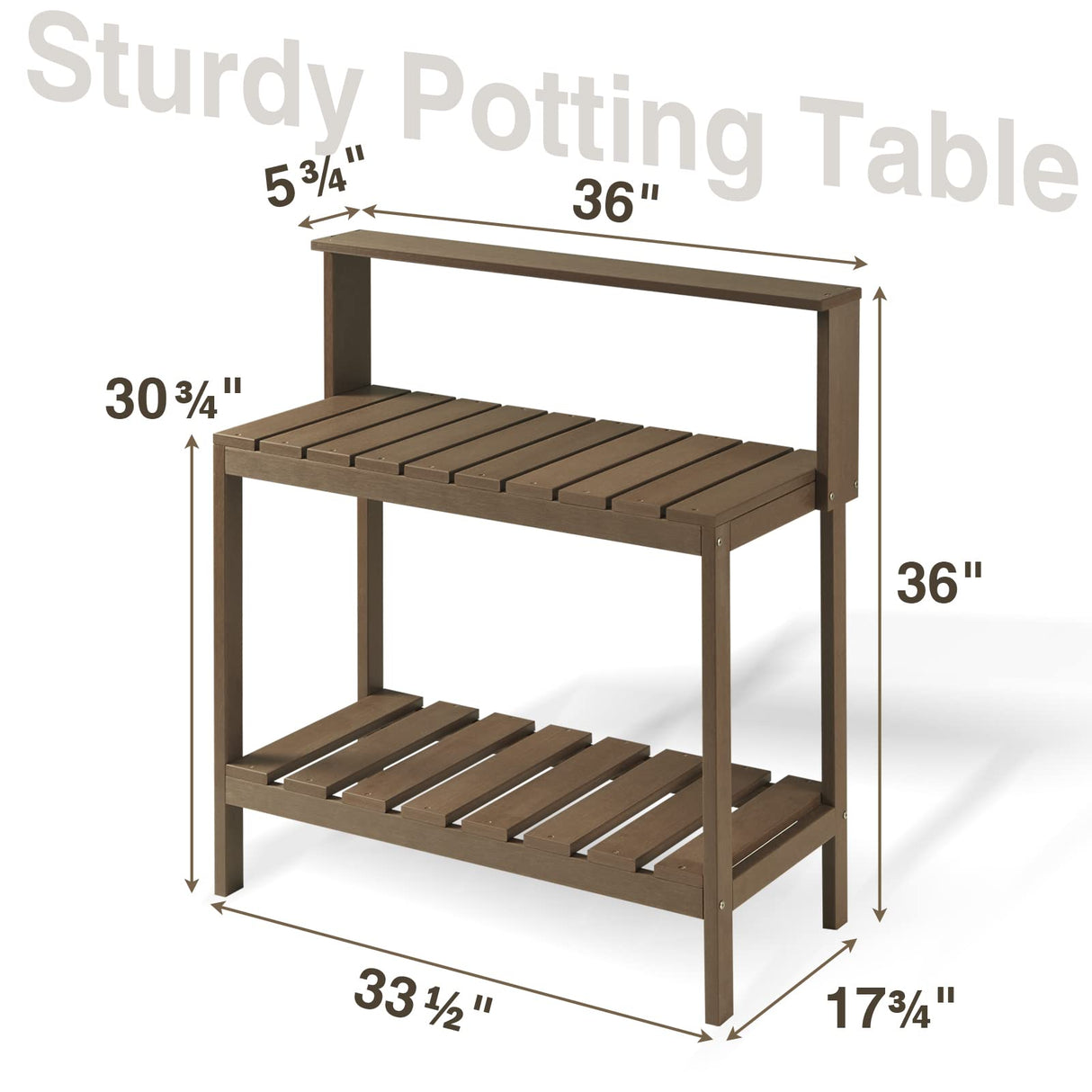 Psilvam Outdoor Poly Lumber Potting Bench, Polystyrene Garden Table with Storage Shelves, All-Weather Patio Work Station for Gardening(Brown) Psilvam