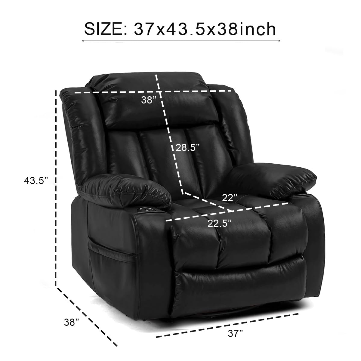 Recliner Chair Sofa Reclining Glider Rocking Sleeper Living Room 360° Swivel for Adults Theater Chairs Leather Rocker Recliners Cup Holders (Black) HOMYHOMEY
