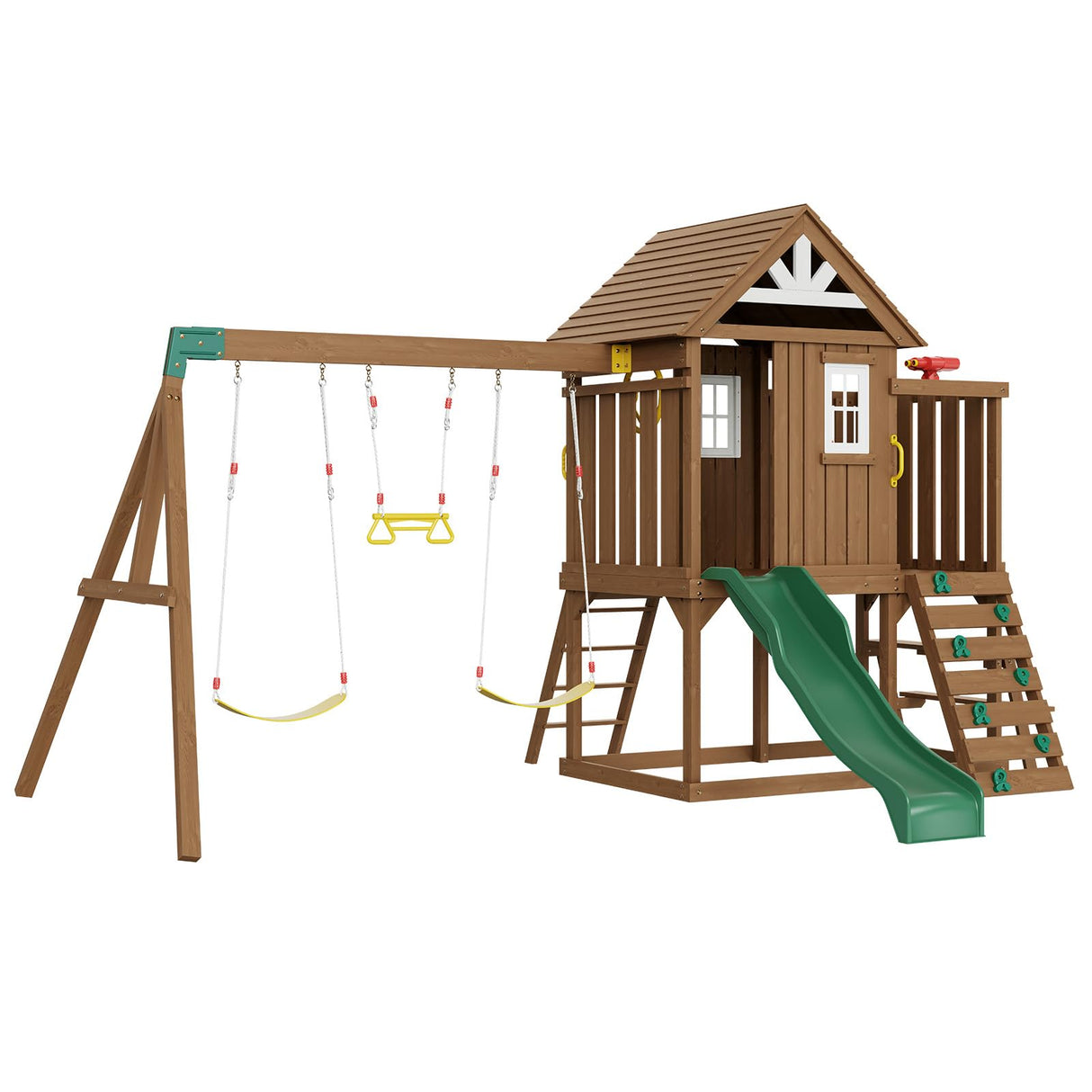 VEVOR Wooden Swing Set, 9 in 1 Outdoor Playground Sets for Backyards, 2 Swings, Trapeze Bar, 6 FT Slide, Large Upper Fort with Kitchen Toys, Flat Step Ladder, Rock Wall, Picnic Table, Sandbox VEVOR