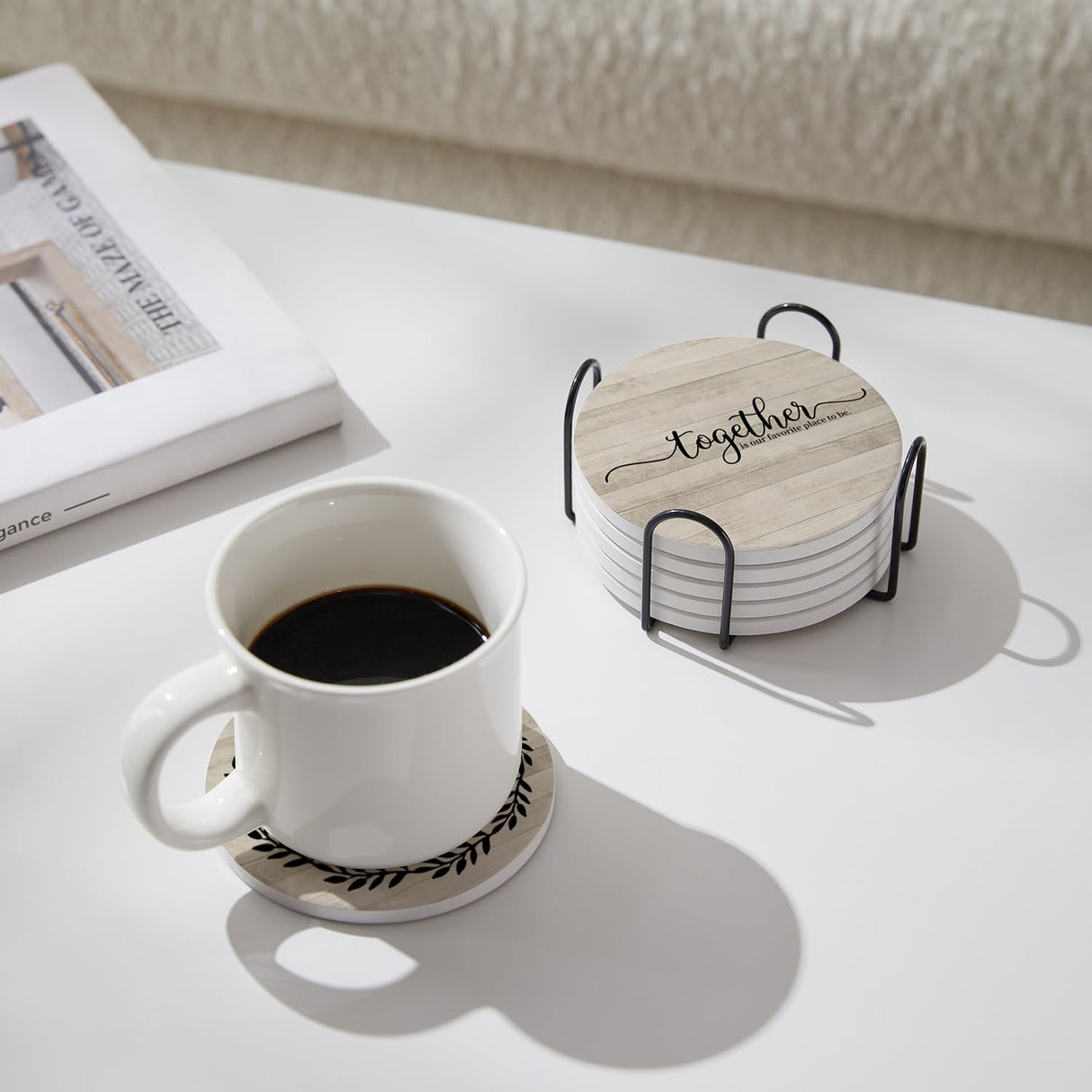 Hoomey Coasters for Drinks, Set of 6 Absorbent Drink Coasters with Holder, Farmhouse Style Ceramic Drink Coasters with Cork Backing for Table Protection, Housewarming Gifts for New Home Hoomey