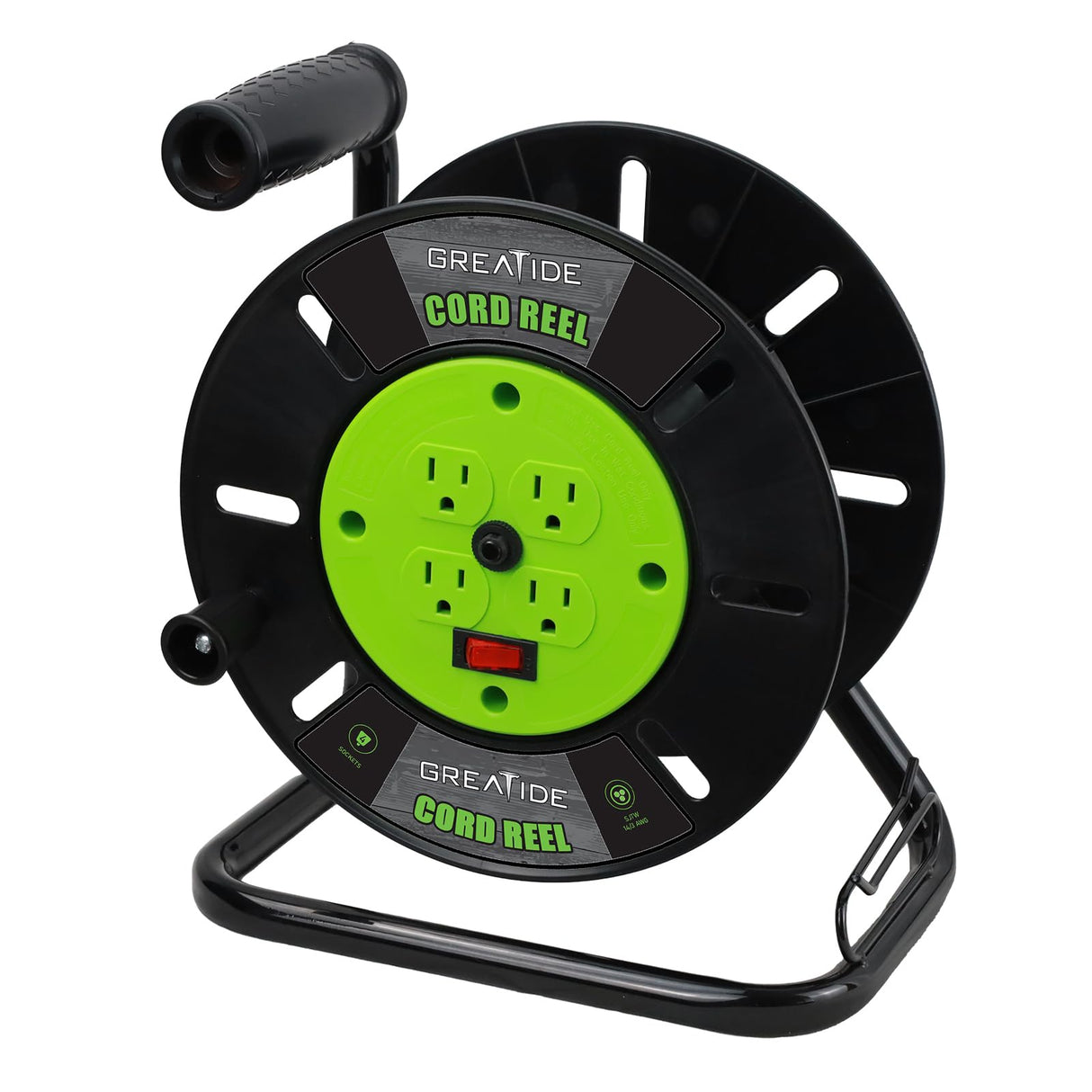 GREATIDE Heavy Duty Extension Cord Storage Reel with 4Grounded Outlets, 10A Circuit Breaker, Retractable Hand Wind, Portable Empty Hand Crank Open Cord Reel for 12/3 14/3 16/3 Gauge Power Cord, Green GREATIDE